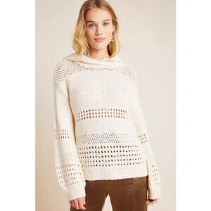 ANTHROPOLOGIE Ivory cream crochet hooded pullover sweater size medium